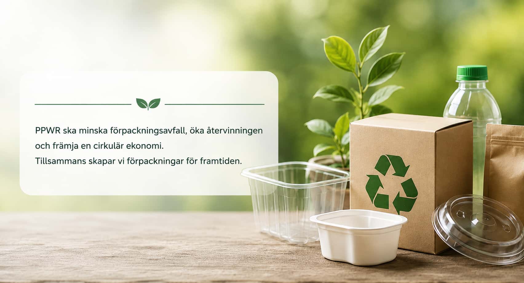 PPWR – hållbara förpackningar i plast och kartong som illustrerar EU:s nya krav på återvinning, cirkulär ekonomi och förpackningsdesign.